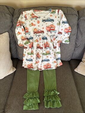 Girls Fall Pumpkin Truck Tunic & Green Ruffle Leggings